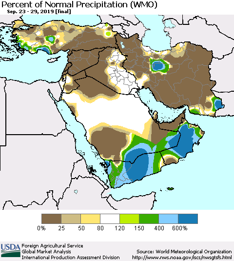 Middle East and Turkey Percent of Normal Precipitation (WMO) Thematic Map For 9/23/2019 - 9/29/2019