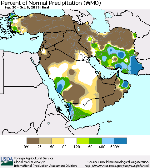 Middle East and Turkey Percent of Normal Precipitation (WMO) Thematic Map For 9/30/2019 - 10/6/2019