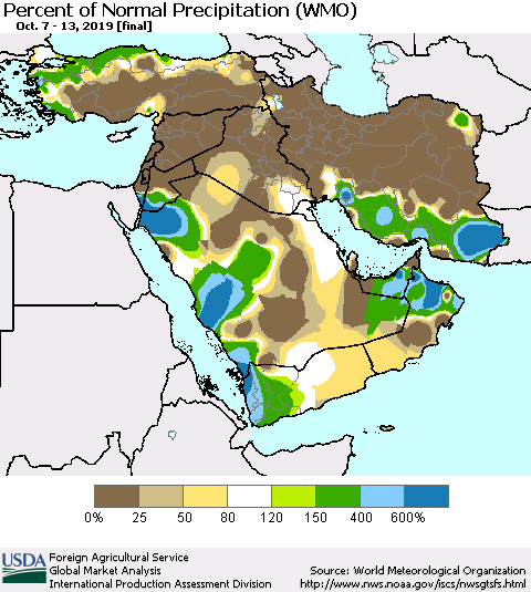 Middle East and Turkey Percent of Normal Precipitation (WMO) Thematic Map For 10/7/2019 - 10/13/2019
