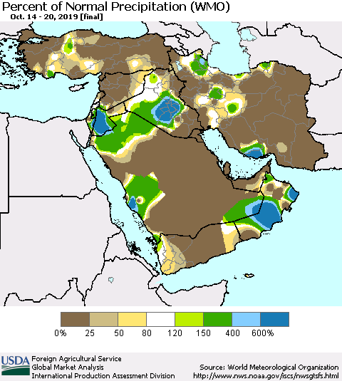 Middle East and Turkey Percent of Normal Precipitation (WMO) Thematic Map For 10/14/2019 - 10/20/2019