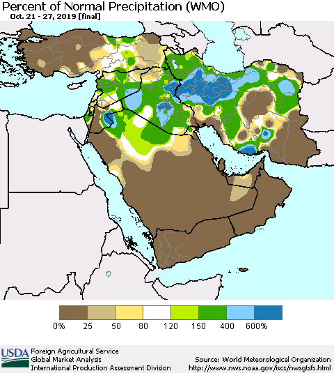 Middle East and Turkey Percent of Normal Precipitation (WMO) Thematic Map For 10/21/2019 - 10/27/2019