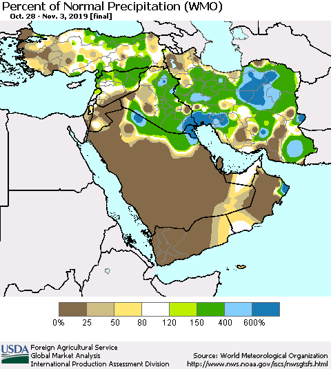 Middle East and Turkey Percent of Normal Precipitation (WMO) Thematic Map For 10/28/2019 - 11/3/2019