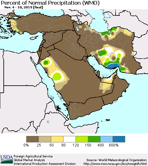 Middle East and Turkey Percent of Normal Precipitation (WMO) Thematic Map For 11/4/2019 - 11/10/2019