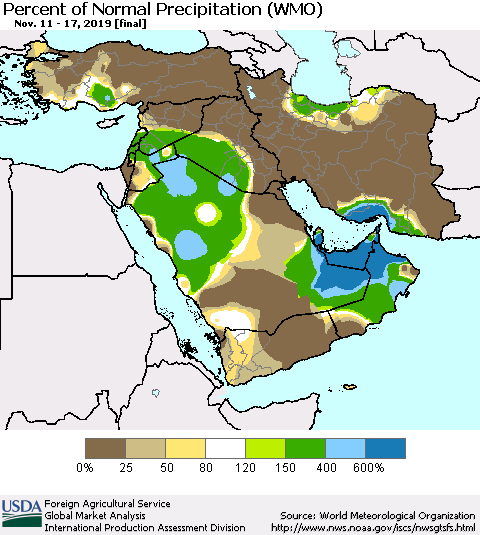 Middle East and Turkey Percent of Normal Precipitation (WMO) Thematic Map For 11/11/2019 - 11/17/2019