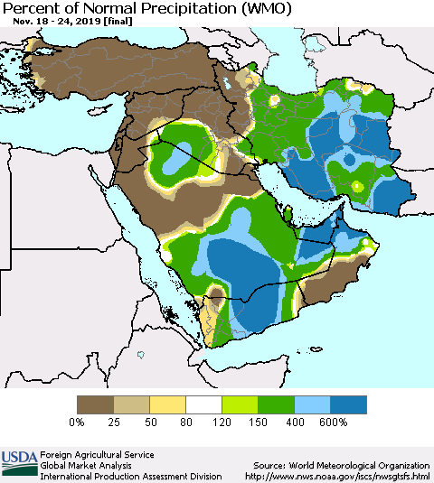 Middle East and Turkey Percent of Normal Precipitation (WMO) Thematic Map For 11/18/2019 - 11/24/2019