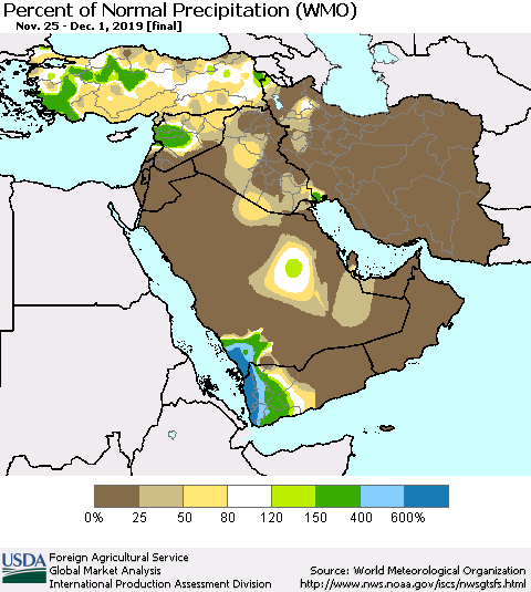 Middle East and Turkey Percent of Normal Precipitation (WMO) Thematic Map For 11/25/2019 - 12/1/2019