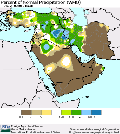 Middle East and Turkey Percent of Normal Precipitation (WMO) Thematic Map For 12/2/2019 - 12/8/2019