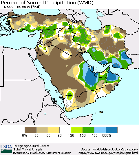Middle East and Turkey Percent of Normal Precipitation (WMO) Thematic Map For 12/9/2019 - 12/15/2019