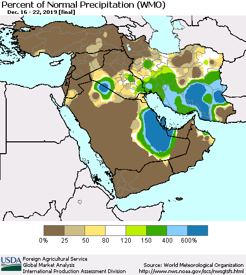 Middle East and Turkey Percent of Normal Precipitation (WMO) Thematic Map For 12/16/2019 - 12/22/2019