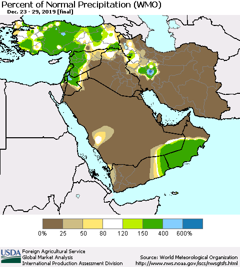 Middle East and Turkey Percent of Normal Precipitation (WMO) Thematic Map For 12/23/2019 - 12/29/2019