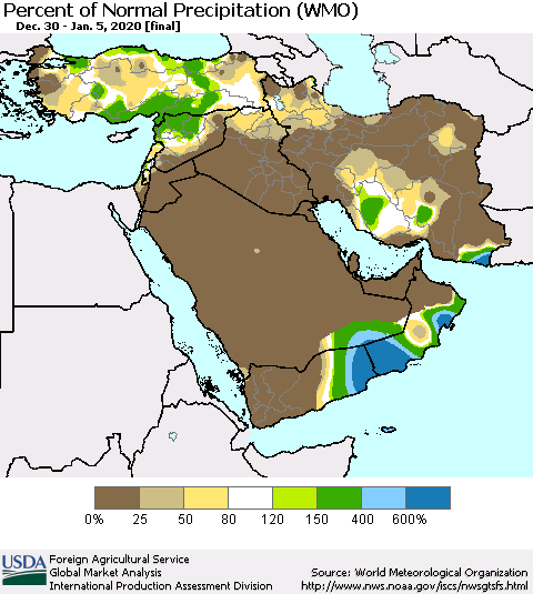 Middle East and Turkey Percent of Normal Precipitation (WMO) Thematic Map For 12/30/2019 - 1/5/2020