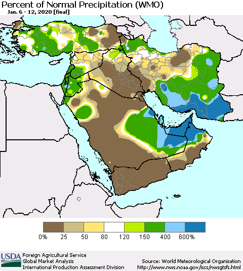 Middle East and Turkey Percent of Normal Precipitation (WMO) Thematic Map For 1/6/2020 - 1/12/2020