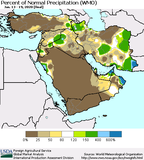 Middle East and Turkey Percent of Normal Precipitation (WMO) Thematic Map For 1/13/2020 - 1/19/2020