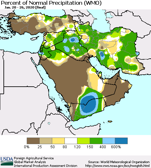 Middle East and Turkey Percent of Normal Precipitation (WMO) Thematic Map For 1/20/2020 - 1/26/2020