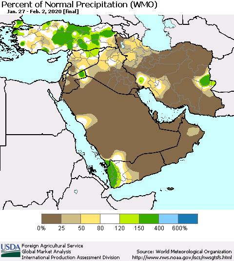 Middle East and Turkey Percent of Normal Precipitation (WMO) Thematic Map For 1/27/2020 - 2/2/2020