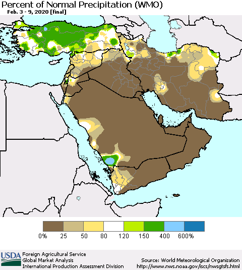 Middle East and Turkey Percent of Normal Precipitation (WMO) Thematic Map For 2/3/2020 - 2/9/2020