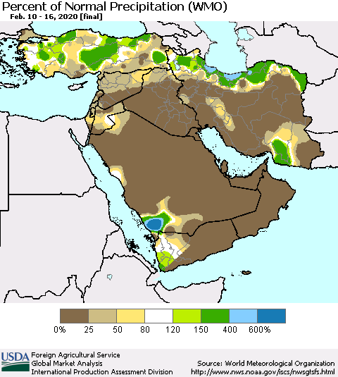 Middle East and Turkey Percent of Normal Precipitation (WMO) Thematic Map For 2/10/2020 - 2/16/2020
