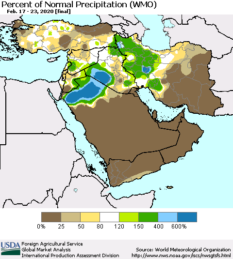 Middle East and Turkey Percent of Normal Precipitation (WMO) Thematic Map For 2/17/2020 - 2/23/2020