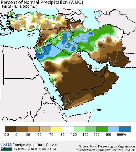 Middle East and Turkey Percent of Normal Precipitation (WMO) Thematic Map For 2/24/2020 - 3/1/2020