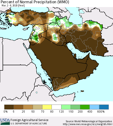 Middle East and Turkey Percent of Normal Precipitation (WMO) Thematic Map For 3/2/2020 - 3/8/2020
