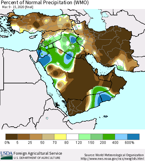 Middle East and Turkey Percent of Normal Precipitation (WMO) Thematic Map For 3/9/2020 - 3/15/2020
