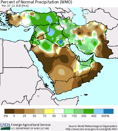 Middle East and Turkey Percent of Normal Precipitation (WMO) Thematic Map For 3/16/2020 - 3/22/2020