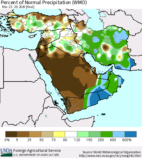 Middle East and Turkey Percent of Normal Precipitation (WMO) Thematic Map For 3/23/2020 - 3/29/2020