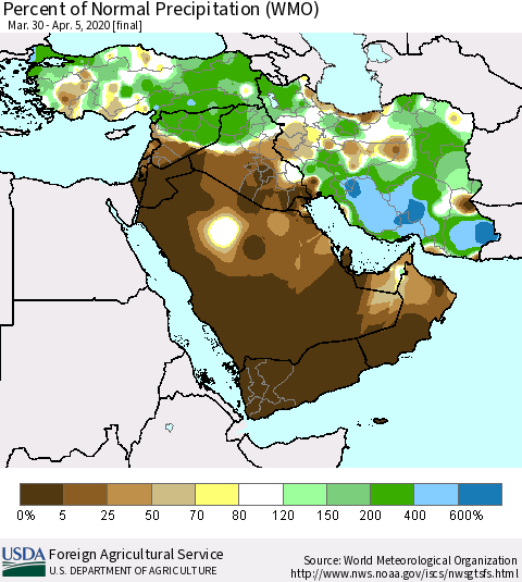 Middle East and Turkey Percent of Normal Precipitation (WMO) Thematic Map For 3/30/2020 - 4/5/2020