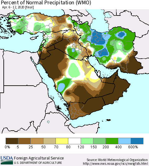 Middle East and Turkey Percent of Normal Precipitation (WMO) Thematic Map For 4/6/2020 - 4/12/2020