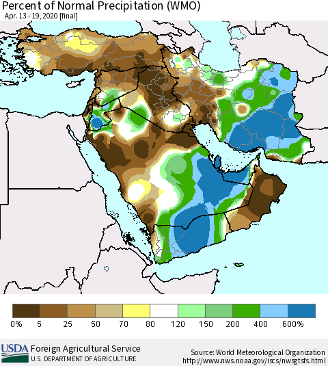 Middle East and Turkey Percent of Normal Precipitation (WMO) Thematic Map For 4/13/2020 - 4/19/2020