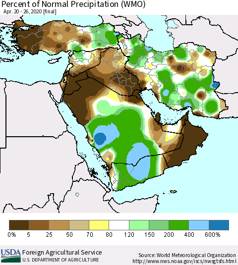 Middle East and Turkey Percent of Normal Precipitation (WMO) Thematic Map For 4/20/2020 - 4/26/2020