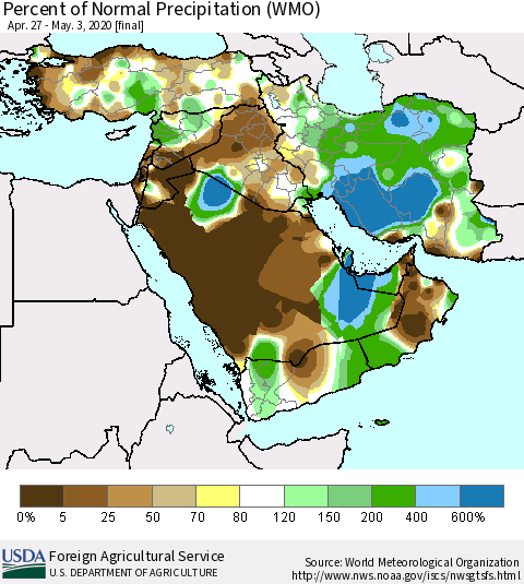 Middle East and Turkey Percent of Normal Precipitation (WMO) Thematic Map For 4/27/2020 - 5/3/2020
