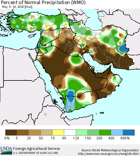 Middle East and Turkey Percent of Normal Precipitation (WMO) Thematic Map For 5/4/2020 - 5/10/2020