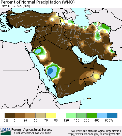 Middle East and Turkey Percent of Normal Precipitation (WMO) Thematic Map For 5/11/2020 - 5/17/2020