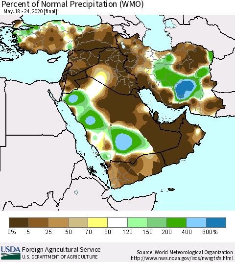 Middle East and Turkey Percent of Normal Precipitation (WMO) Thematic Map For 5/18/2020 - 5/24/2020