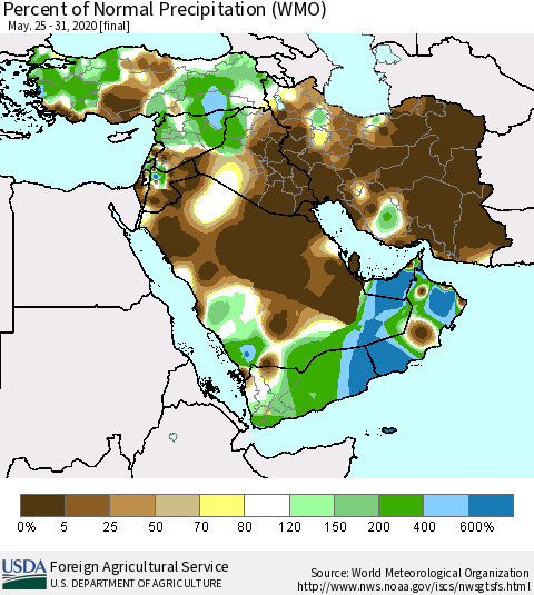 Middle East and Turkey Percent of Normal Precipitation (WMO) Thematic Map For 5/25/2020 - 5/31/2020