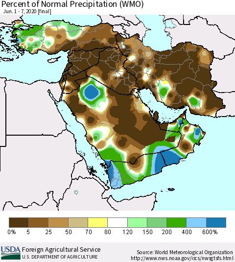Middle East and Turkey Percent of Normal Precipitation (WMO) Thematic Map For 6/1/2020 - 6/7/2020
