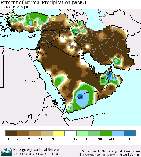 Middle East and Turkey Percent of Normal Precipitation (WMO) Thematic Map For 6/8/2020 - 6/14/2020