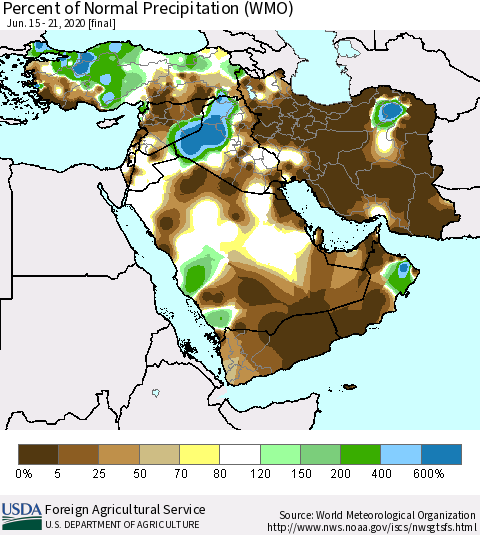 Middle East and Turkey Percent of Normal Precipitation (WMO) Thematic Map For 6/15/2020 - 6/21/2020