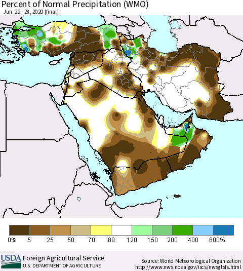 Middle East and Turkey Percent of Normal Precipitation (WMO) Thematic Map For 6/22/2020 - 6/28/2020