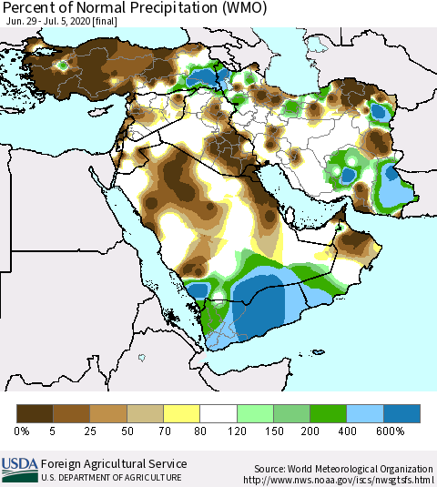 Middle East and Turkey Percent of Normal Precipitation (WMO) Thematic Map For 6/29/2020 - 7/5/2020