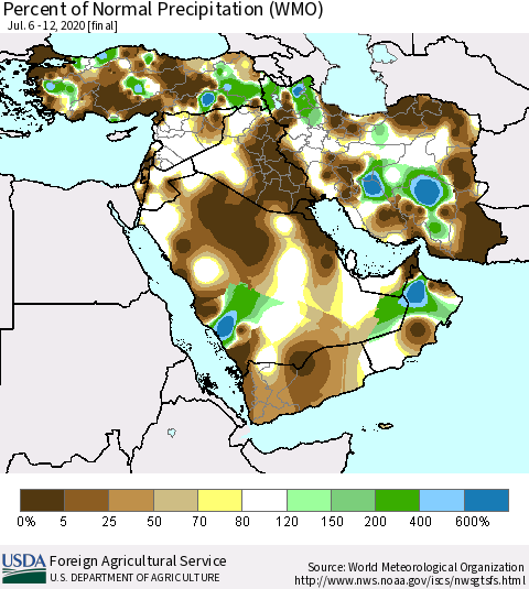 Middle East and Turkey Percent of Normal Precipitation (WMO) Thematic Map For 7/6/2020 - 7/12/2020