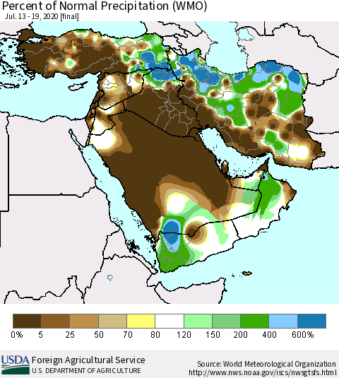 Middle East and Turkey Percent of Normal Precipitation (WMO) Thematic Map For 7/13/2020 - 7/19/2020