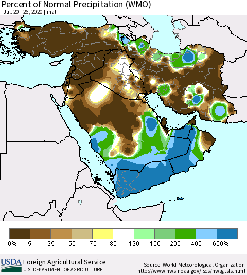 Middle East and Turkey Percent of Normal Precipitation (WMO) Thematic Map For 7/20/2020 - 7/26/2020