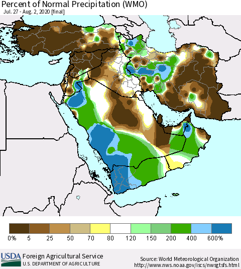 Middle East and Turkey Percent of Normal Precipitation (WMO) Thematic Map For 7/27/2020 - 8/2/2020