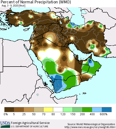 Middle East and Turkey Percent of Normal Precipitation (WMO) Thematic Map For 8/3/2020 - 8/9/2020