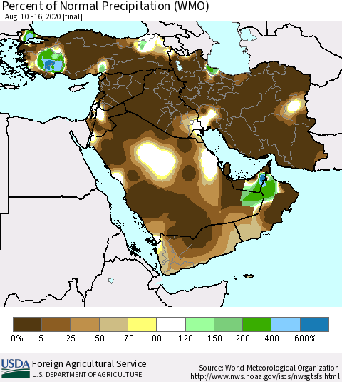 Middle East and Turkey Percent of Normal Precipitation (WMO) Thematic Map For 8/10/2020 - 8/16/2020