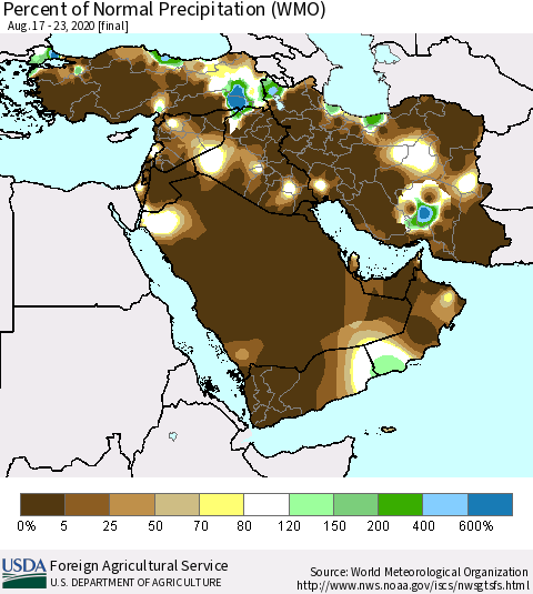 Middle East and Turkey Percent of Normal Precipitation (WMO) Thematic Map For 8/17/2020 - 8/23/2020