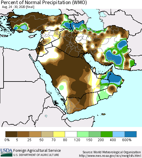 Middle East and Turkey Percent of Normal Precipitation (WMO) Thematic Map For 8/24/2020 - 8/30/2020