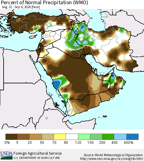 Middle East and Turkey Percent of Normal Precipitation (WMO) Thematic Map For 8/31/2020 - 9/6/2020